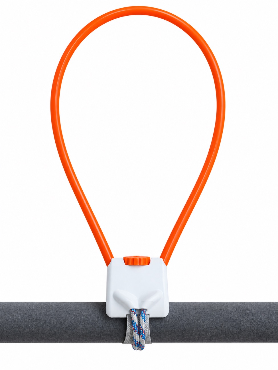 Boomber harness line met oranje lus, gemonteerd op een giek